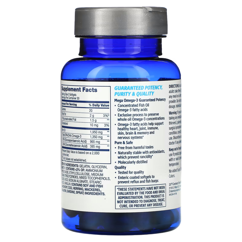 Мега Омега-3 из дикой аляскинской рыбы / Mega Omega 3 from Alaska Wild Fish Oil, 21st Century, 450 мг / 650 мг, 90 гелевых капсул