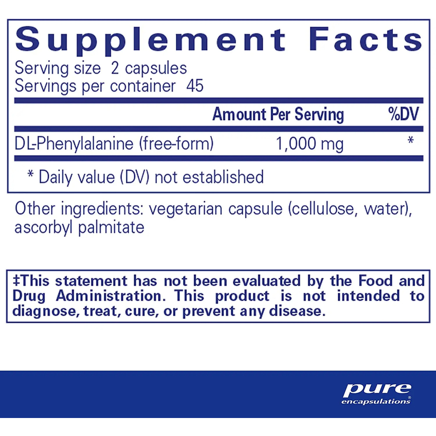 DL-фенілаланін / DL-Phenylalanine, Pure Encapsulations, 1000 мг, 90 капсул