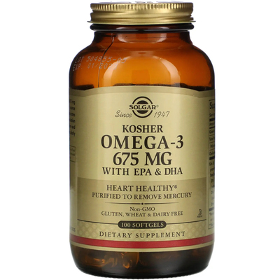 Омега-3 кошерная / Kosher Omega-3, Solgar, 675 мг, 100 гелевых капсул