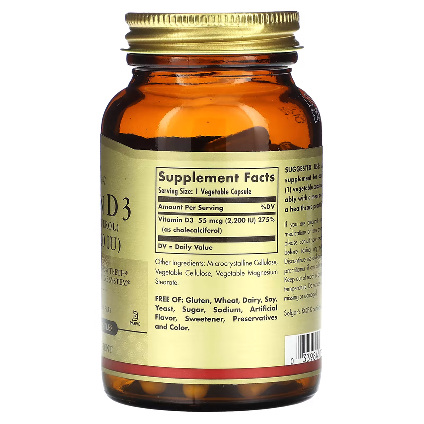 Вітамін D3 (холекальциферол) / Vitamin D3 (Cholecalciferol), Solgar, 55 мкг (2200 МО), 100 вегетаріанських капсул
