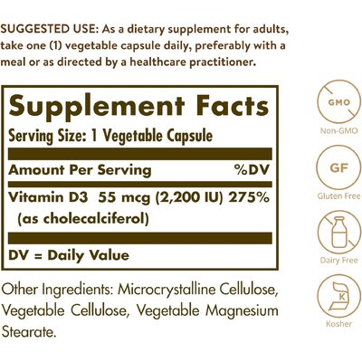 Вітамін D3 (холекальциферол) / Vitamin D3 (Cholecalciferol), Solgar, 55 мкг (2200 МО), 100 вегетаріанських капсул