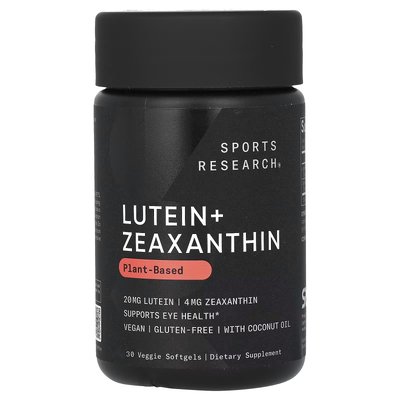 Лютеин и зеаксантин с кокосовым маслом / Lutein and Zeaxanthin with Coconut Oil, Sports Research, 20 мг + 4 мг, 30 вегетарианских гелевых капсул
