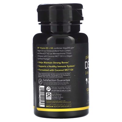 Рослинні вітаміни D3 + K2 з кокосовою олією / Plant-Based Vitamins D3 + K2 with Coconut Oil, Sports Research, 125 мкг (5000 МО) + 100 мкг, 60 вегетаріанських капсул