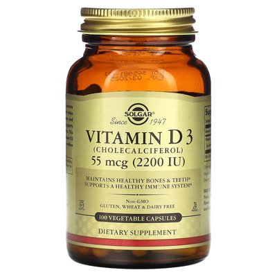 Вітамін D3 (холекальциферол) / Vitamin D3 (Cholecalciferol), Solgar, 55 мкг (2200 МО), 100 вегетаріанських капсул