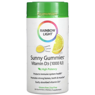 Витамин D3 с лимонным вкусом / Sunny Gummies Vitamin D3, Rainbow Light, 25 мкг, 50 жевательных конфет