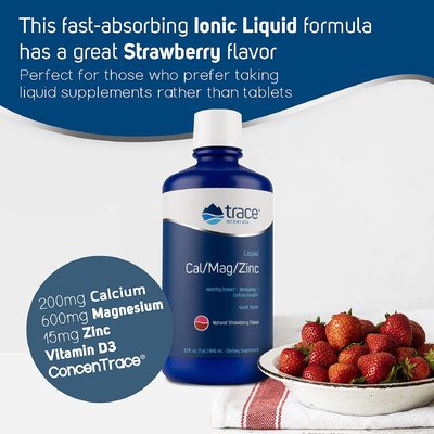 Жидкая добавка с кальцием, магнием и цинком со вкусом клубники / Liquid Cal/Mag/Zinc, Trace Minarals Research, 946 мл
