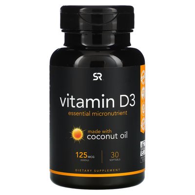 Витамин D3 с кокосовым маслом / Vitamin D with Coconut Oil, 125 мкг (5000 МЕ), Sports Research, 30 гелевых капсул