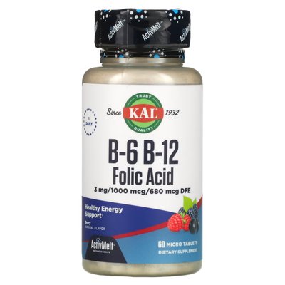 Витамин B6 + B12 + фолиевая кислота (B9) со вкусом ягоды / B-6 B-12 Folic Acid (B-9), Berry, KAL, 60 микротаблеток