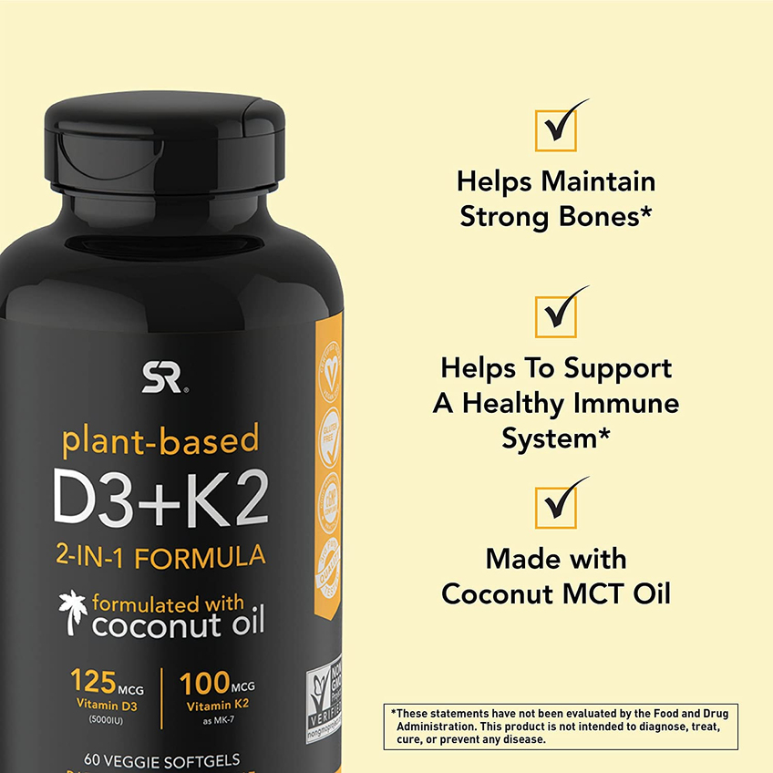 Рослинні вітаміни D3 + K2 з кокосовою олією / Plant-Based Vitamins D3 + K2 with Coconut Oil, Sports Research, 125 мкг (5000 МО) + 100 мкг, 60 вегетаріанських капсул