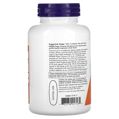 Кокосовое масло первого отжима / Virgin Coconut Oil, Now Foods, 1000 мг, 120 гелевых капсул