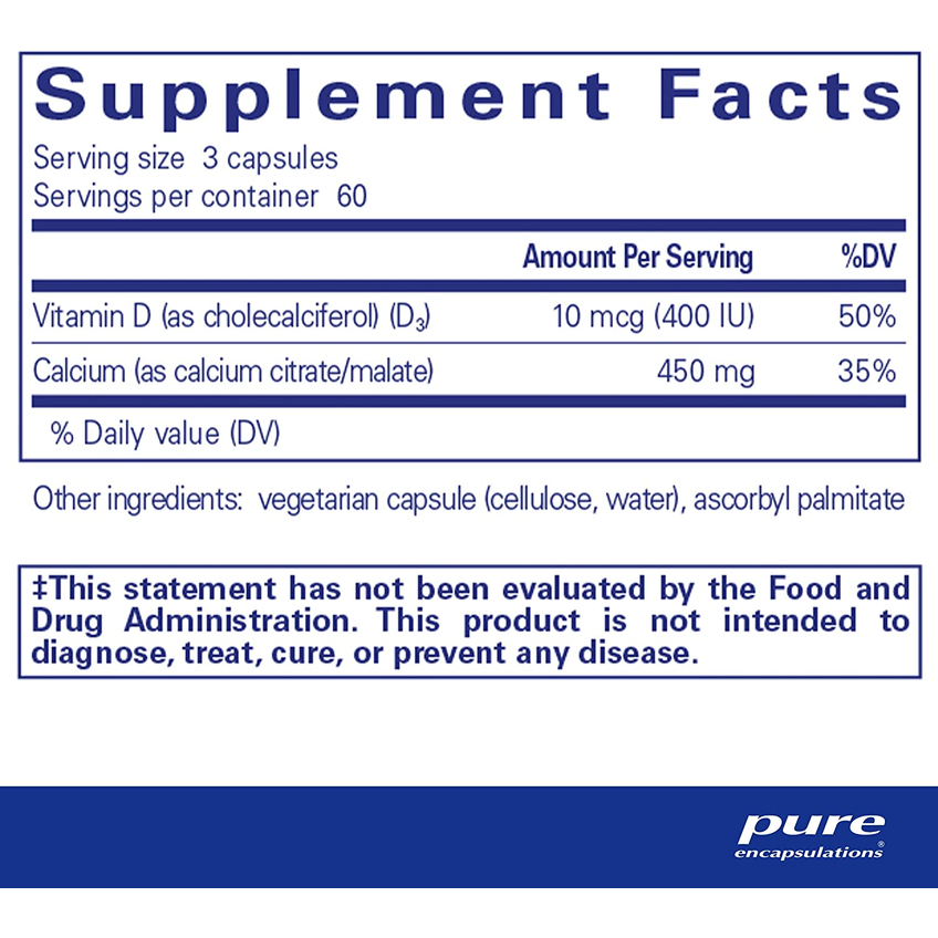 Кальцій з вітаміном D3 / Calcium with Vitamin D3, Pure Encapsulations, 150 мг, 180 капсул