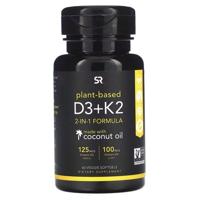 Растительные витамины D3 + K2 с кокосовым маслом / Plant-Based Vitamins D3 + K2 with Coconut Oil, Sports Research, 125 мкг (5000 МЕ) + 100 мкг, 60 вегетарианских капсул