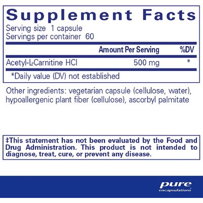 Ацетил-L-карнітин / Acetyl-l-Carnitine, Pure Encapsulations, 500 мг, 60 капсул