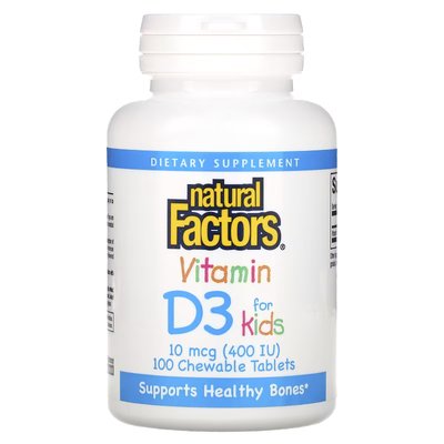 Витамин D3 для детей со вкусом клубники / Vitamin D3 for Kids, 10 мкг (400 ME), 100 жевательных таблеток